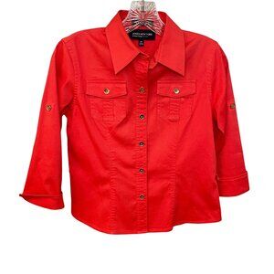 Jones New York Womens Red Button-Up Shirt With Gold Accents Belt Sz PP